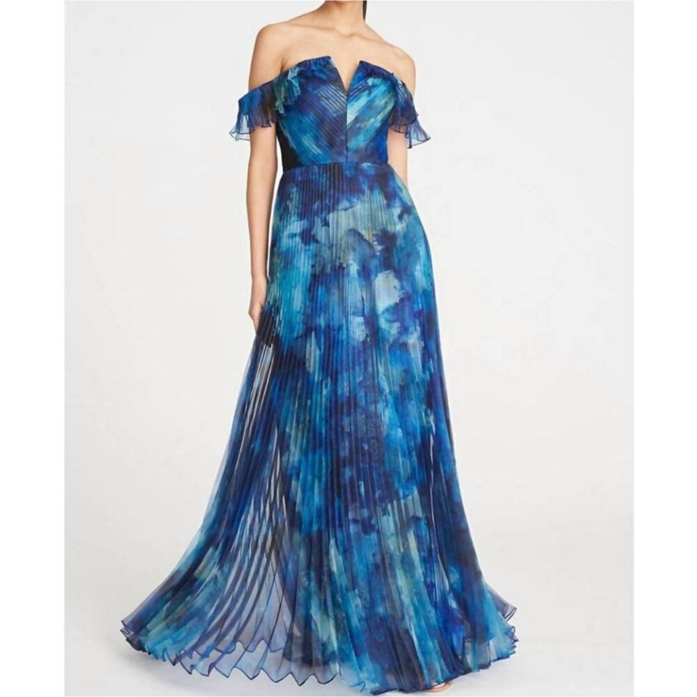 $895 Theia‎ Women's Blue Pleated Organza Off-The-Shoulder Emara Dress Size 10/L